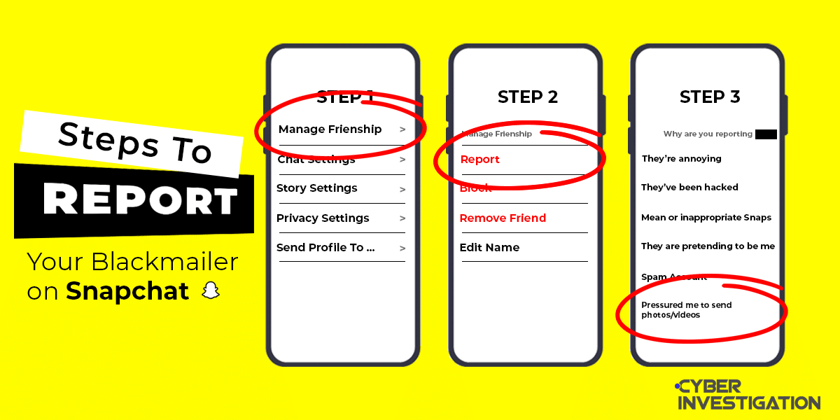 Three step guide for reporting blackmail on Snapchat